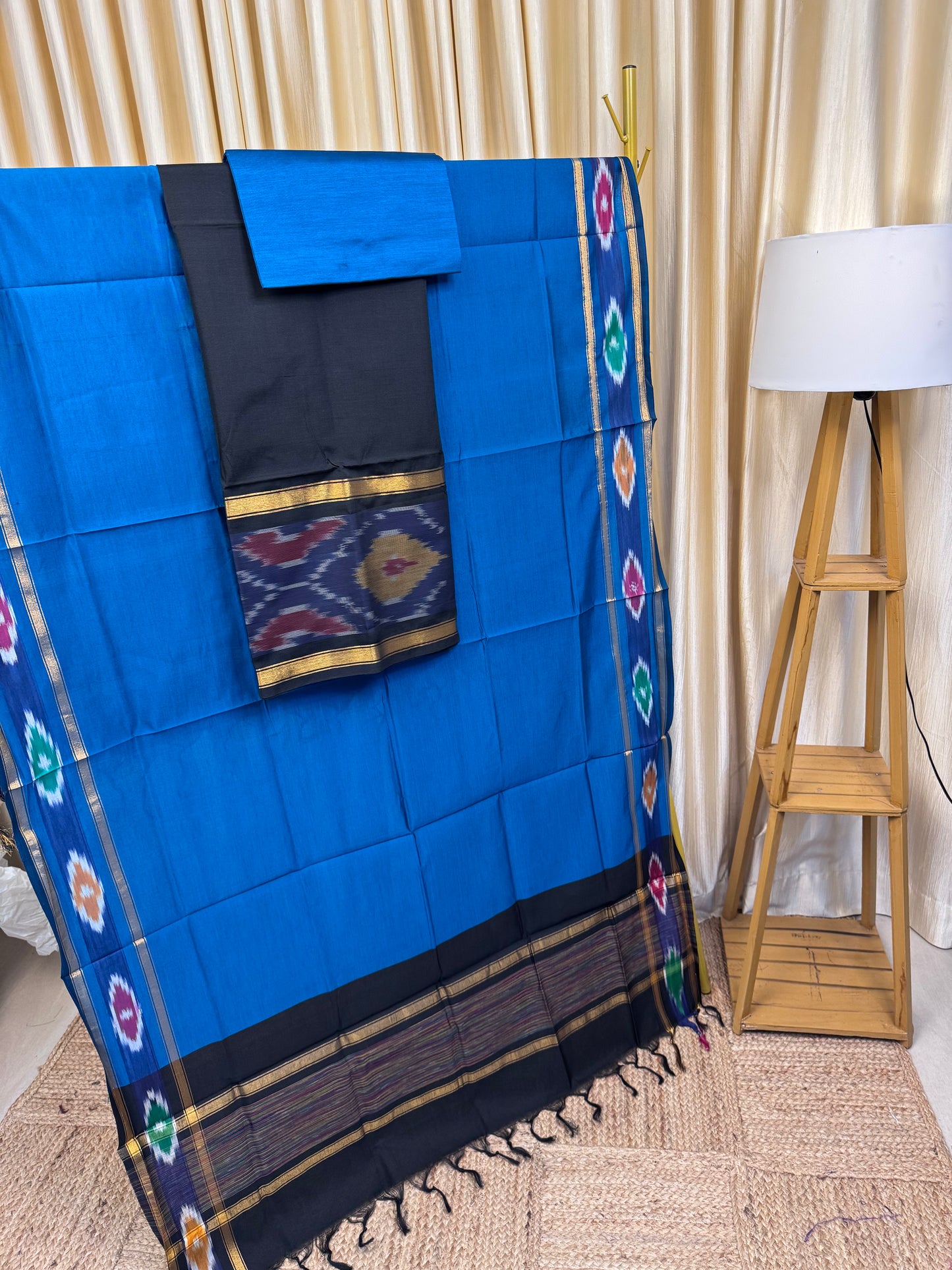 Pochampalli straight border Black and peacock blue-PSTB10